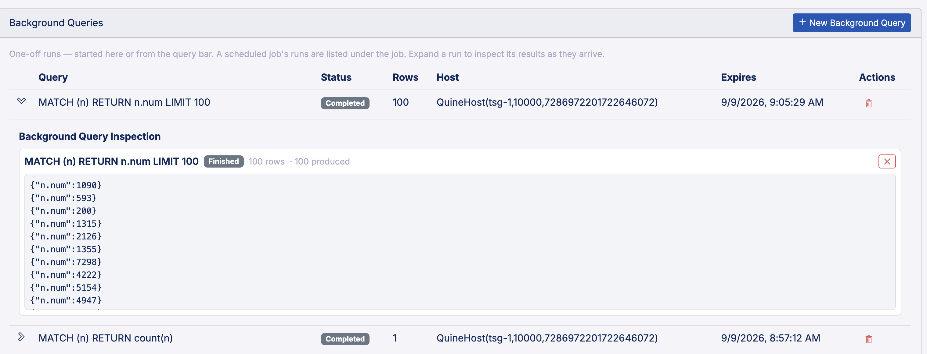 An expanded background query streaming its results