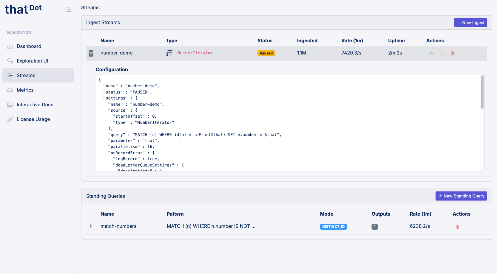 Expanded ingest stream row showing the full JSON configuration